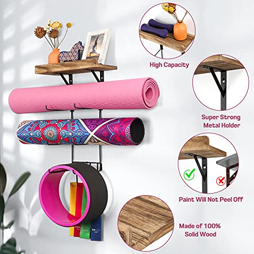 Bikoney 2 PACK Yoga Mat Holder Wall Mount Yoga Mat Storage Shelf Rack Home Gym Accessories with Wood Floating Shelves and 4 Hooks for Hanging Foam Roller and Resistance Bands Home Gym Carbonized Black - Image 5
