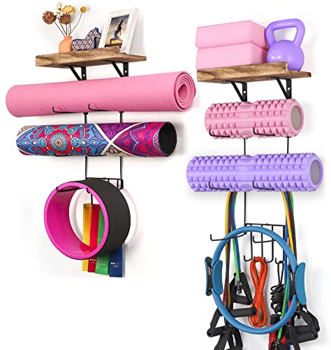 Bikoney 2 PACK Yoga Mat Holder Wall Mount Yoga Mat Storage Shelf Rack Home Gym Accessories with Wood Floating Shelves and 4 Hooks for Hanging Foam Roller and Resistance Bands Home Gym Carbonized Black - Image 1