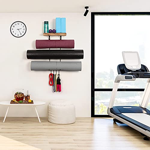 Bikoney 2 PACK Yoga Mat Holder Wall Mount Yoga Mat Storage Shelf Rack Home Gym Accessories with Wood Floating Shelves and 4 Hooks for Hanging Foam Roller and Resistance Bands Home Gym Carbonized Black - Image 3