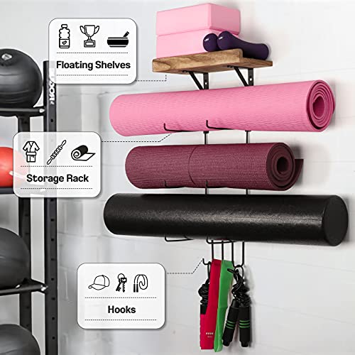 Bikoney 2 PACK Yoga Mat Holder Wall Mount Yoga Mat Storage Shelf Rack Home Gym Accessories with Wood Floating Shelves and 4 Hooks for Hanging Foam Roller and Resistance Bands Home Gym Carbonized Black - Image 2