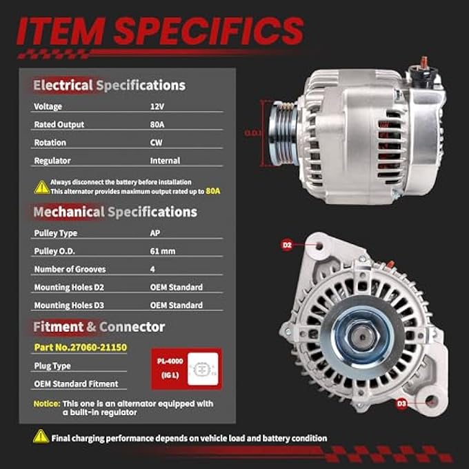 TSSLIIN High Output Alternator for/Toyota Yaris S 2007-2009; Yaris Base 2007-2012; Yaris L, LE 1.5L 2012-2015 80Amp 12V CW 4-Groove Pulley 27060-21150 1042108401 - Image 3
