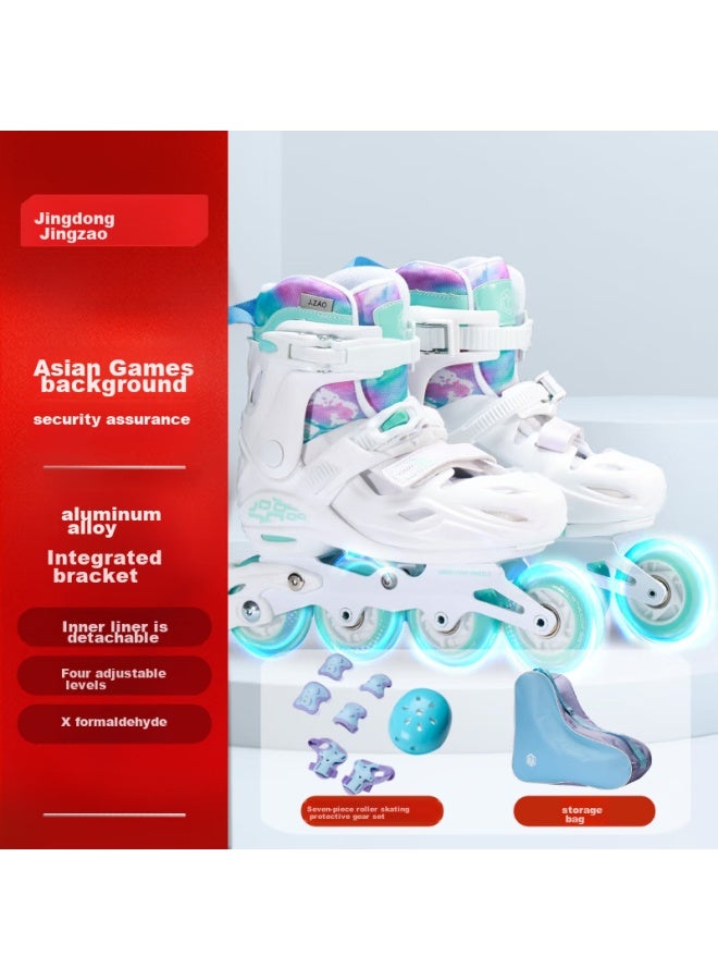 JD.com Jd Jingzao أحذية تزلج للأولاد والبنات، عجلات قابلة للقفل للمبتدئين مع مجموعة معدات وقائية احترافية من 7 قطع، أورورا بلو، مقاس M - Image 1