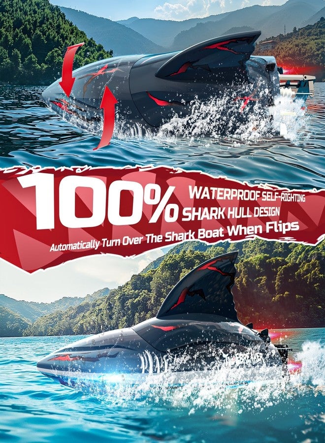 DEERC قارب دييرك السريع بدون فرش للكبار، سرعة تزيد عن 30 ميل في الساعة، قارب تحكم عن بعد عالي السرعة 3S، سمكة قرش سريعة ذات استقامة ذاتية بتردد 2.4 جيجاهرتز مع أضواء LED، هدية صيفية للأطفال - Image 3
