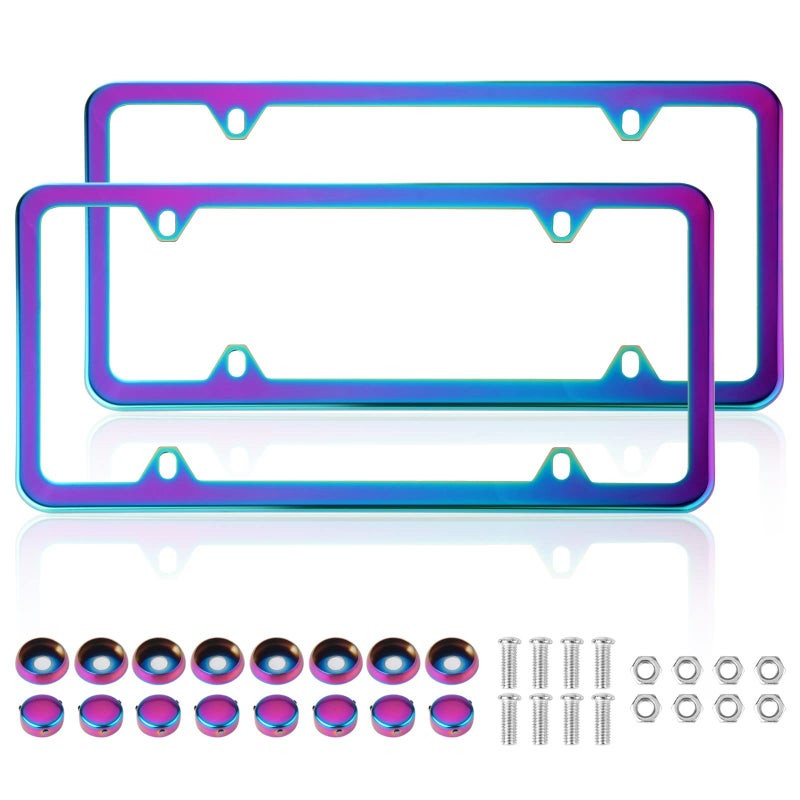 Iridescent License Plate Frame 2 Pack Stainless Steel Mirror Polish Treatment Universal US Car License Plate Bracket Holder 4 Holes Theft Design Rustproof Weatherproofwith mounting Fittings