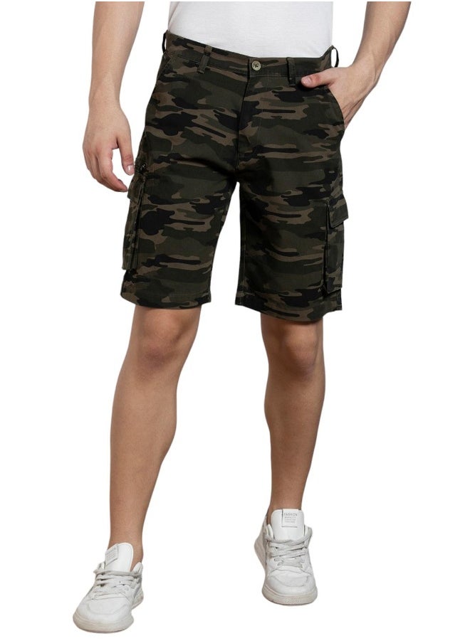 Men's Olive 100% Cotton Camouflaged Above Knee Length Casual Relaxed Shorts