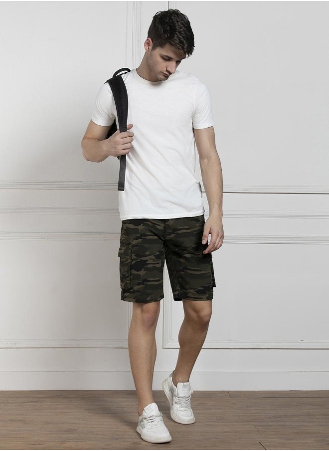 Men's Olive 100% Cotton Camouflaged Above Knee Length Casual Relaxed Shorts