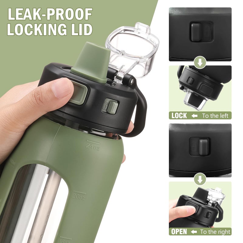 Kodrine Water Bottle With Straw and Carry Handle  Glass Water Bottle 24 oz Leak Proof Locking Lid with Soft Silicone Spout  Small Clear Water Bottle  Travel Sports Water Jug  Time Marker  Olive - Image 2