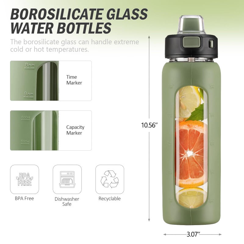 Kodrine Water Bottle With Straw and Carry Handle  Glass Water Bottle 24 oz Leak Proof Locking Lid with Soft Silicone Spout  Small Clear Water Bottle  Travel Sports Water Jug  Time Marker  Olive - Image 3