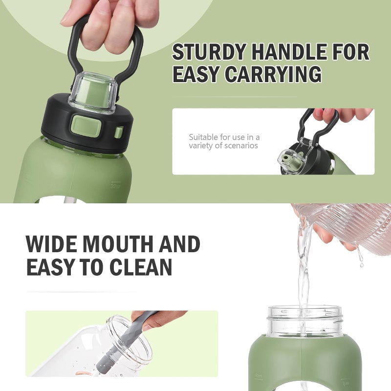 Kodrine Water Bottle With Straw and Carry Handle  Glass Water Bottle 24 oz Leak Proof Locking Lid with Soft Silicone Spout  Small Clear Water Bottle  Travel Sports Water Jug  Time Marker  Olive - Image 4