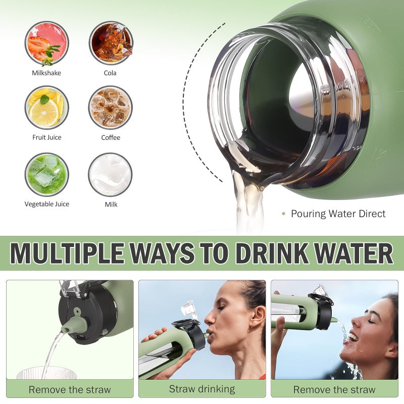Kodrine Water Bottle With Straw and Carry Handle  Glass Water Bottle 24 oz Leak Proof Locking Lid with Soft Silicone Spout  Small Clear Water Bottle  Travel Sports Water Jug  Time Marker  Olive - Image 5