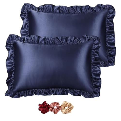 GO WELL Ruffle Satin Pillowcase for Hair and Skin, Standard Size Satin Pillow Covers Silky Pillow Cases Set of 2, Satin Ruffled Pillowcase with Envelope Closure, Anti Wrinkle Pillow Shams (NevyBlue) - Image 1