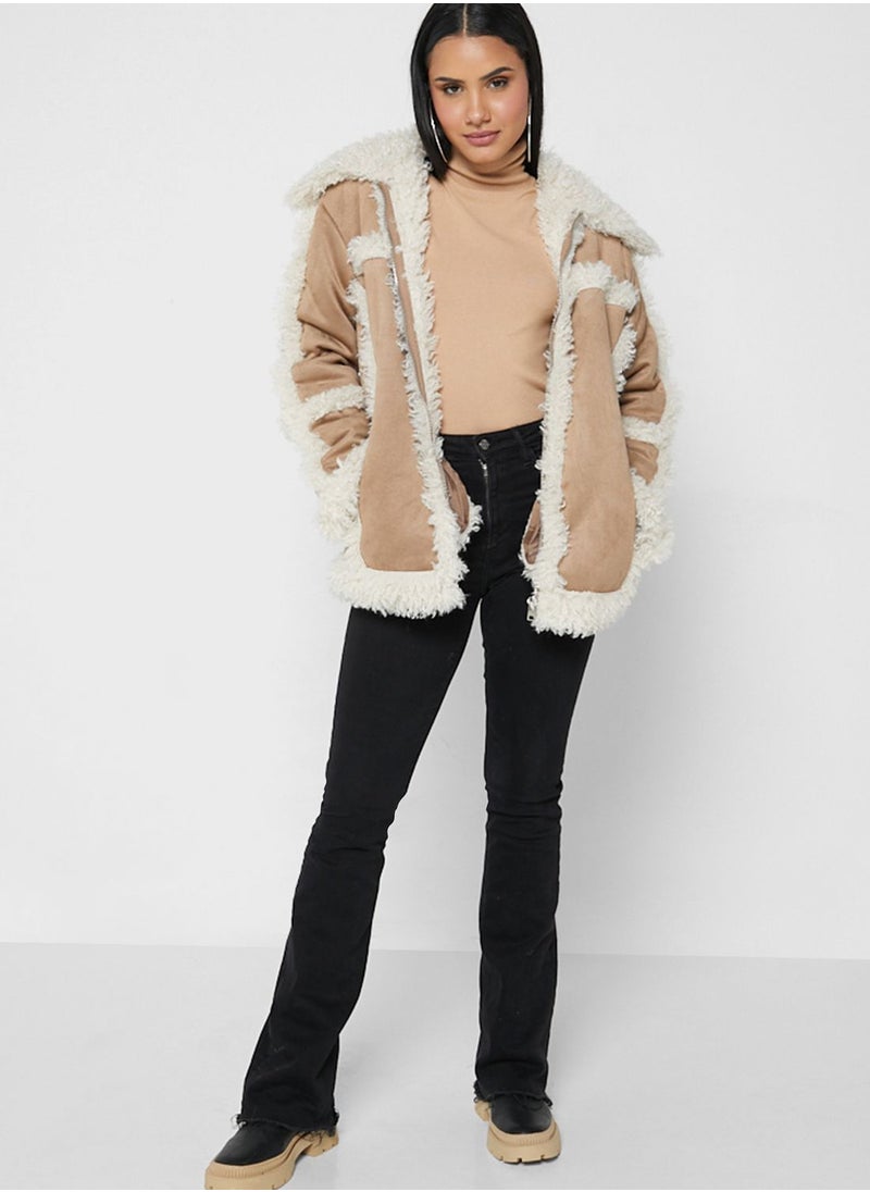 TOPSHOP - Contrast Fur Detail Zipped Coat - Image 1