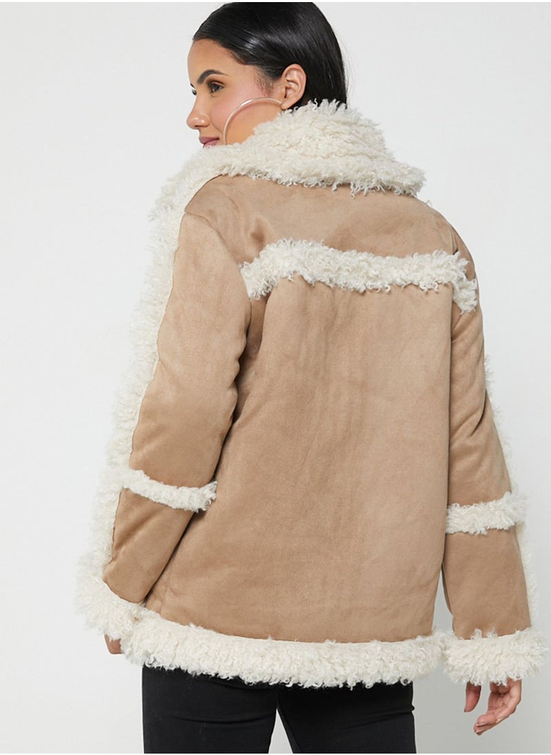TOPSHOP - Contrast Fur Detail Zipped Coat - Image 1