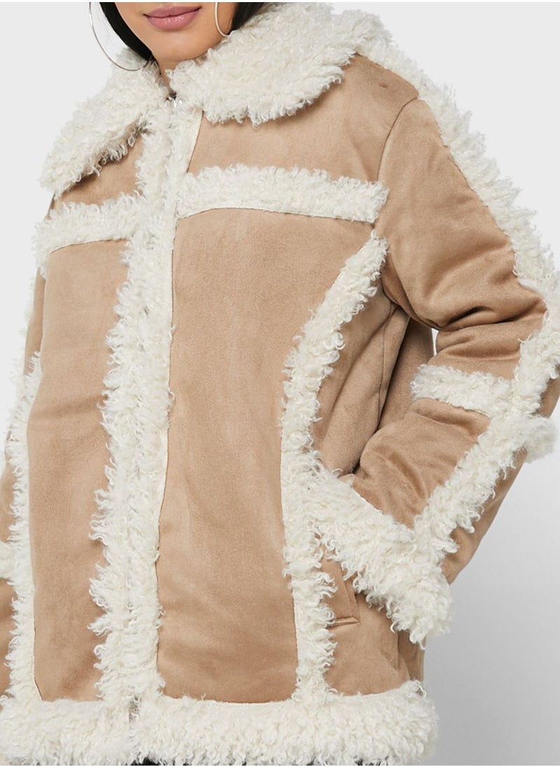 TOPSHOP - Contrast Fur Detail Zipped Coat - Image 1