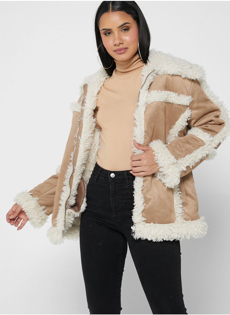 TOPSHOP - Contrast Fur Detail Zipped Coat - Image 1