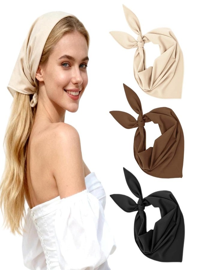 MAYCREATE® 3Pcs Bandana Scarf Fashion Bandanas for Women Girls Triangular Hair Scarf for Women Tie Back Countryside Style Soft Cotton Head Bands with Knot Design - Beige, Brown & Navy - Image 1