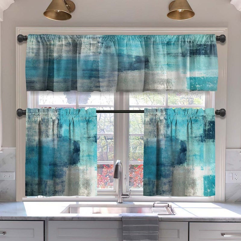 MCALK Turquoise Blackout Kitchen Curtains Tiers and Valances Set 3 Piece for Windows Grey Kitchen Window Curtains SetModern Abstract Art Valances for Living Room36 Tiers Set