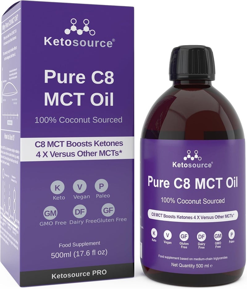 Ketosource زيت كيتوسورس النقي C8 MCT يعزز الكيتونات 4X مقارنةً بالـ MCTs الأخرى أعلى نقاء 99% 100% جوز هند حمية كيتو صيام نباتي آمن خالي من الغلوتين مختبر متميز نقاء حمض الكابريليك 500 مل - Image 1