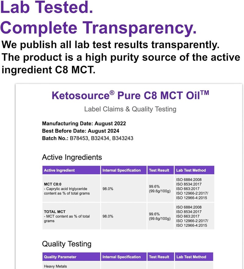 Ketosource زيت كيتوسورس النقي C8 MCT يعزز الكيتونات 4X مقارنةً بالـ MCTs الأخرى أعلى نقاء 99% 100% جوز هند حمية كيتو صيام نباتي آمن خالي من الغلوتين مختبر متميز نقاء حمض الكابريليك 500 مل - Image 4