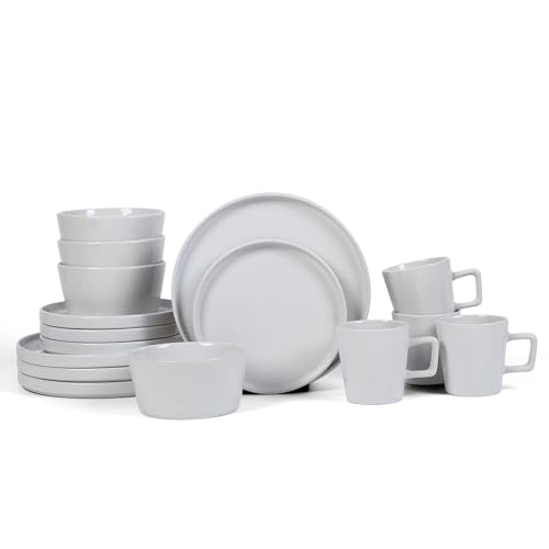 Stone Lain Celina Modern Stoneware 16-Piece Dinnerware Set, Plates and Bowls Set, White Glossy, Dish Set Service For 4 - Image 1