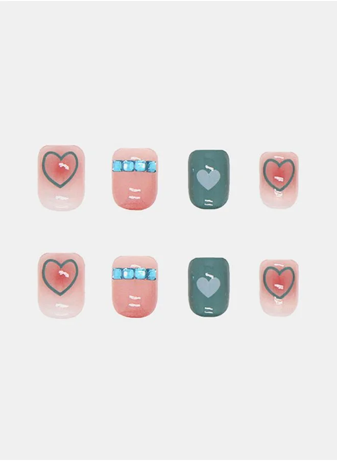 Styli 24 Pcs Green and Pink Heart Pattern Round Shape Press-On Nails