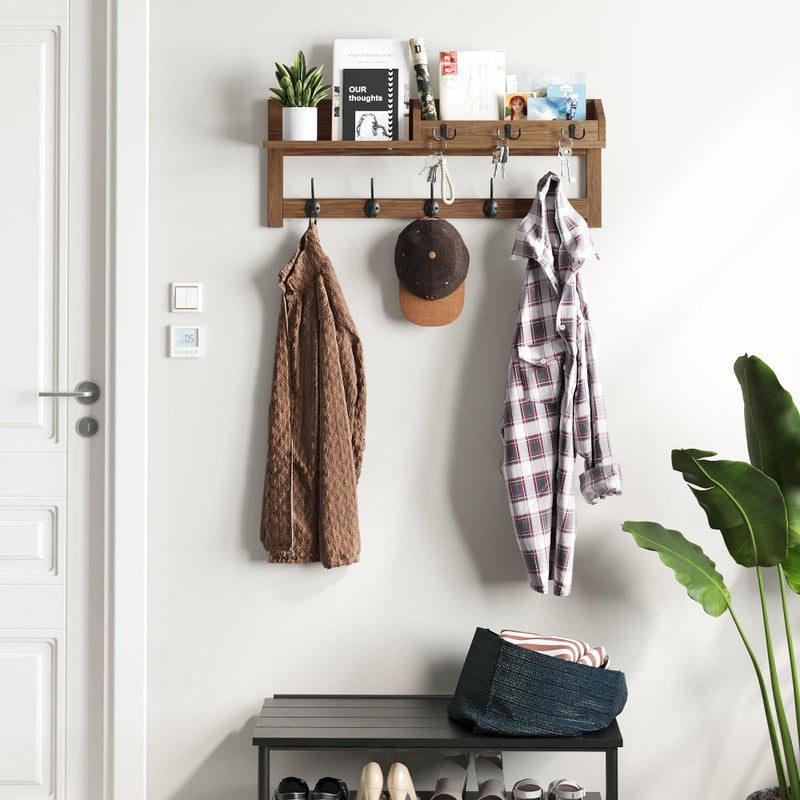 AMBIRD Wall Hooks with Shelf, 26.57 Inch Entryway Wood Coat Hooks for Wall with Shelf, Coat Rack Wall Mount with 5 Dual Hooks 3 Key Hooks Mail Organizer and Key Rack Holder (Brown) - Image 4