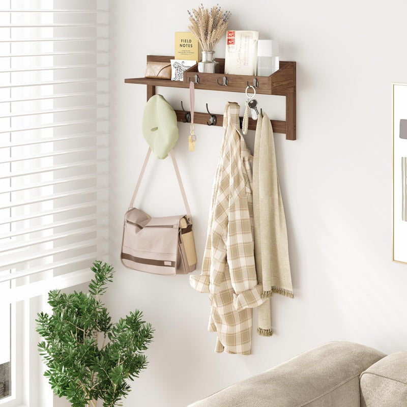 AMBIRD Wall Hooks with Shelf, 26.57 Inch Entryway Wood Coat Hooks for Wall with Shelf, Coat Rack Wall Mount with 5 Dual Hooks 3 Key Hooks Mail Organizer and Key Rack Holder (Brown) - Image 2