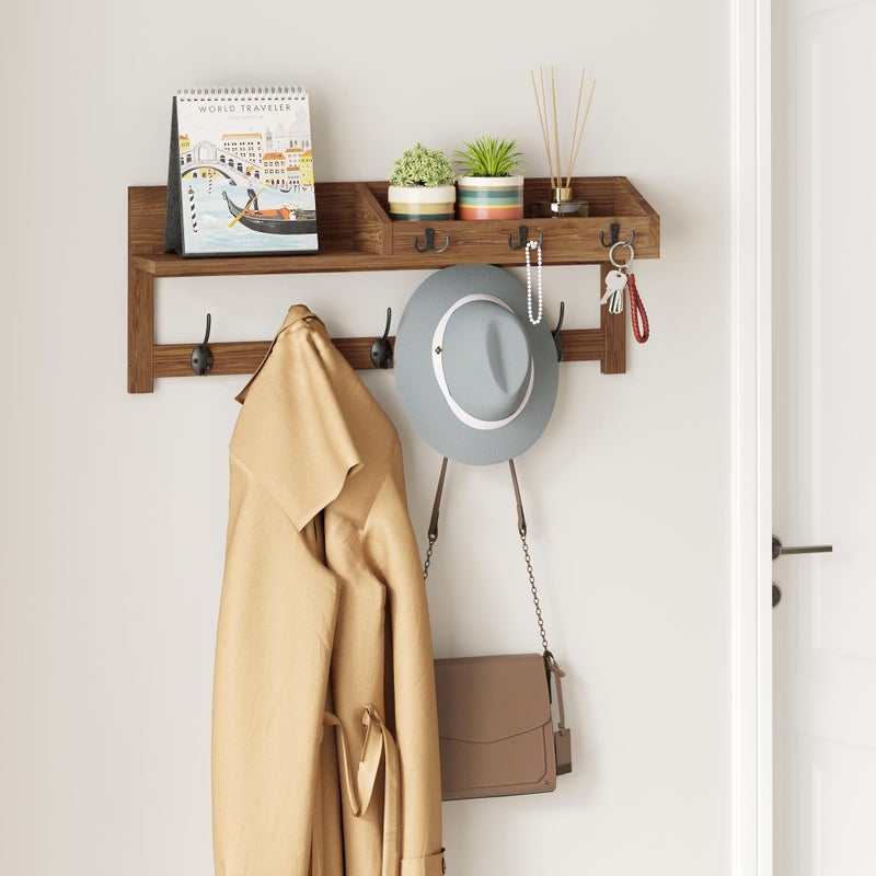 AMBIRD Wall Hooks with Shelf, 26.57 Inch Entryway Wood Coat Hooks for Wall with Shelf, Coat Rack Wall Mount with 5 Dual Hooks 3 Key Hooks Mail Organizer and Key Rack Holder (Brown) - Image 3