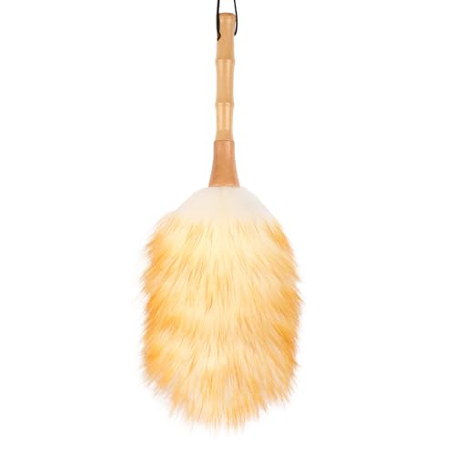 FeelfunFeather Feather Duster, Lambswool Duster for Cleaning,with Solid Wooden Handle,Leather Hang Strap,Anti-Static 14.9 inch Washable Reusable Small Hand Duster(Natural) for Office, Home and Car - Image 1
