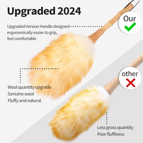 FeelfunFeather Feather Duster, Lambswool Duster for Cleaning,with Solid Wooden Handle,Leather Hang Strap,Anti-Static 14.9 inch Washable Reusable Small Hand Duster(Natural) for Office, Home and Car - Image 3