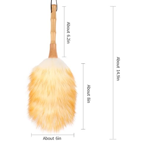 FeelfunFeather Feather Duster, Lambswool Duster for Cleaning,with Solid Wooden Handle,Leather Hang Strap,Anti-Static 14.9 inch Washable Reusable Small Hand Duster(Natural) for Office, Home and Car - Image 2