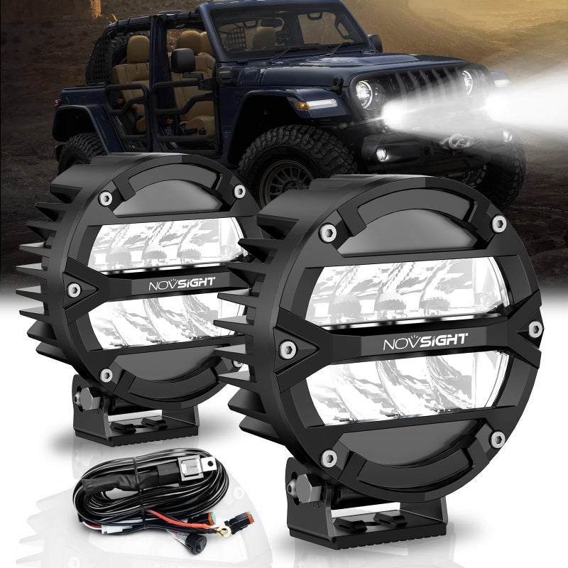 NOVSIGHT Round LED Light Pods 5 Inch 160W Spot Off Road Lights 21600LM Fog Ditch Roof Bumper Round Light for Trucks Car UTV ATV2pcs 12V LED Lights with Rocker Switch Wiring Harness Kit
