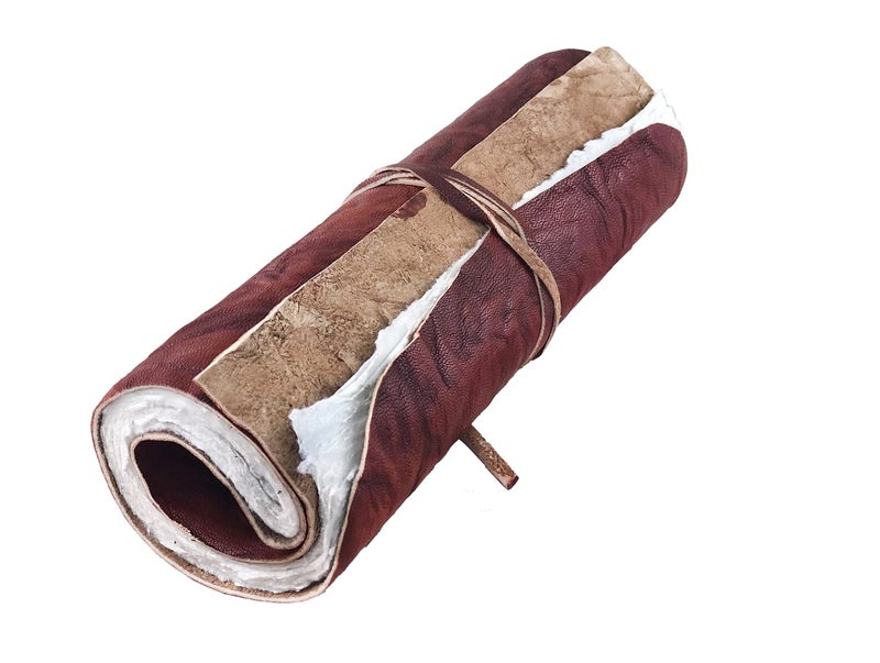 Modest Goods Handmade Leather Scroll Journal - 100 Pages Vintage Style Unlined Deckle Edge Rustic Paper - 9x6 Book of Shadows, Grimoire, Fantasy Gifts, Sketchbook, Antique Scrapbook (Reddish Brown w/White Paper) - Image 1