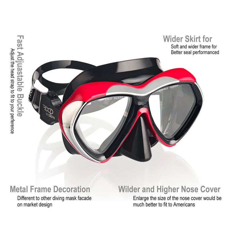 EXP VISION Adult Scuba Diving Mask, Anti-Fog Snorkel Goggles Tempered Glass Swim Mask Goggles with Nose Cover Professional Snorkeling Gear for Diving Snorkeling (Red) - Image 2