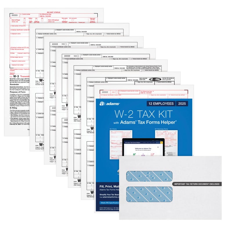Adams W-2 Forms 2025, 6-Part Kit for 12 Recipients, Includes 12 Envelopes, 3 W-3 Forms, QuickBooks Compatible, eFile Access and Printing Through Adams Tax Forms Helper Software (1017237) - Image 1