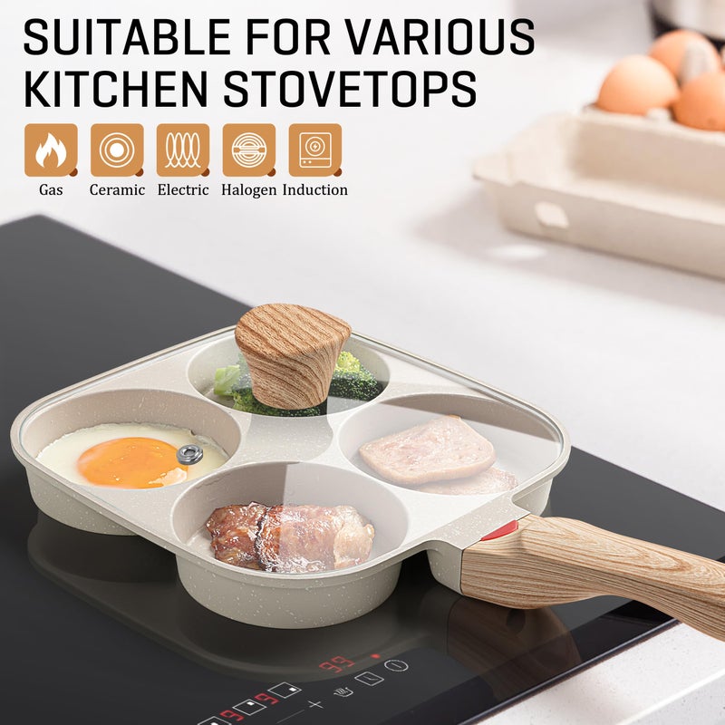 MyLifeUNIT Egg Pan, 4-Cup Egg Frying Pan with Lid, Nonstick Aluminium Alloy Egg Cooker for Breakfast, Pancake, Burger, Sandwiches, Suitable for Gas Stove & Induction Cookware (White) - Image 4