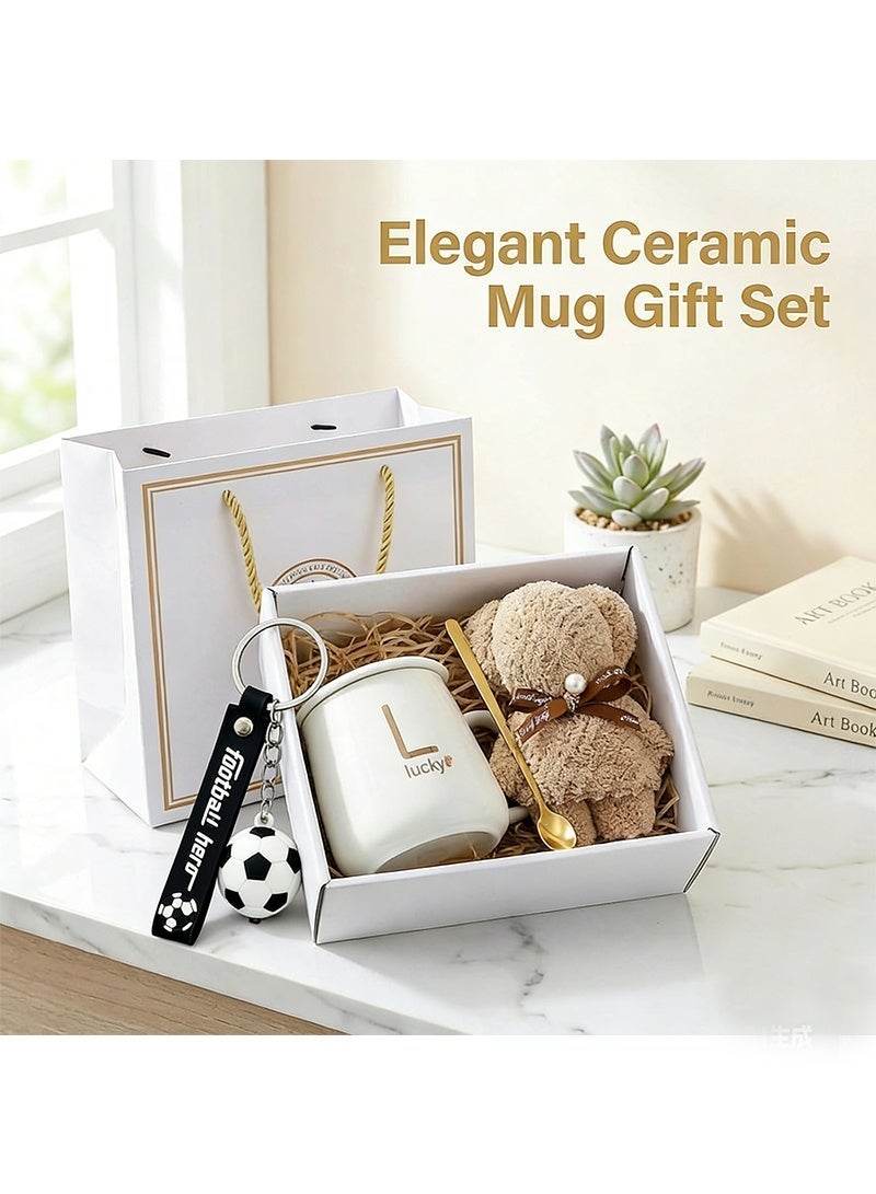 1-Set Ceramic Lucky Mug with Cute Towel-Folded Bear, Exquisite keychain,Elegant Gift Basket for Mum, Friends, Sisters, Ideal for Newlyweds, Anniversary, Honeymoon, Wedding & Christmas (White) - Image 5