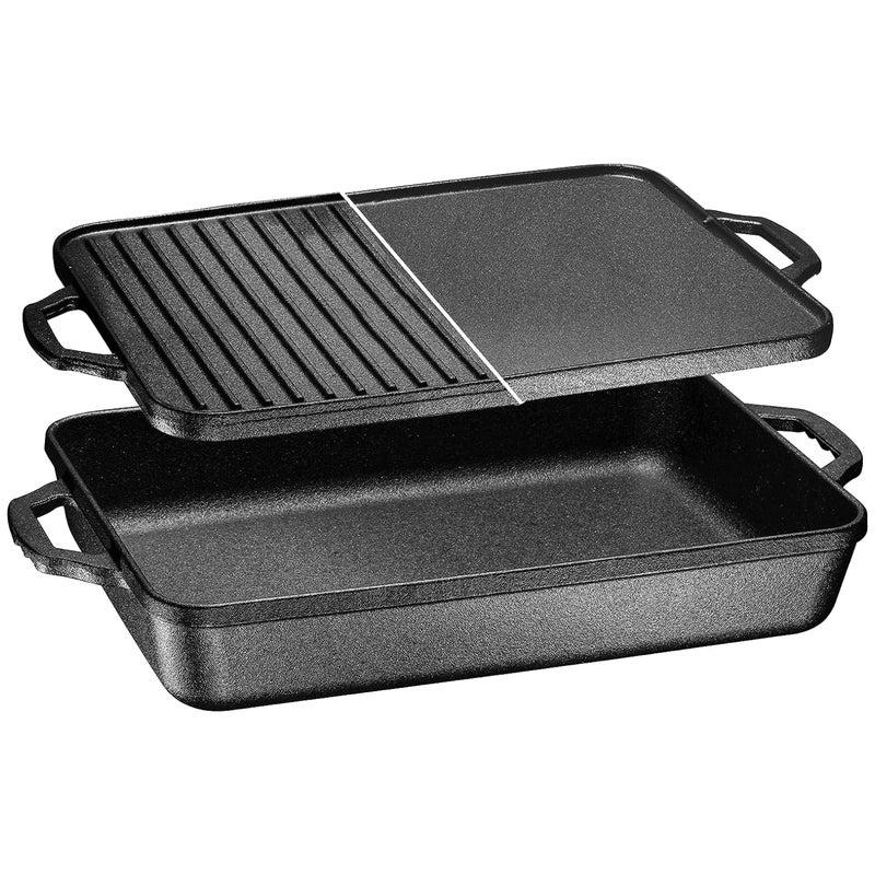 Bruntmor Bruntmor 3in1 PreSeasoned Cast Iron Pan with Reversible Grill Griddle Lid  178x11x33 NonStick Multi Cooker Deep Roasting Grill Pan  Dutch Oven Frying or Roasting Pan for Open Fire Camping 