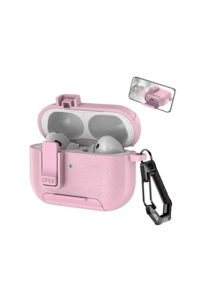 AirPod Pro 2 Case 2023/2022/2019, 2nd Gen with Phone Stand, Secure Lock Design Silicone Protection, Case with Leather Texture for Airpod Pro 2 (pink)