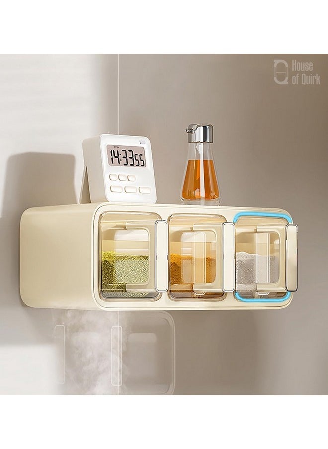 HOUSE OF QUIRK House of Quirk Plastic Wall-Mounted Hanging Shelves Seasoning Box,3-Grid Condiment Jar Spice Canisters With Spoons For Chicken Stock Powder,Kitchen Counter,Pantry,Families(Beige)  - Image 1
