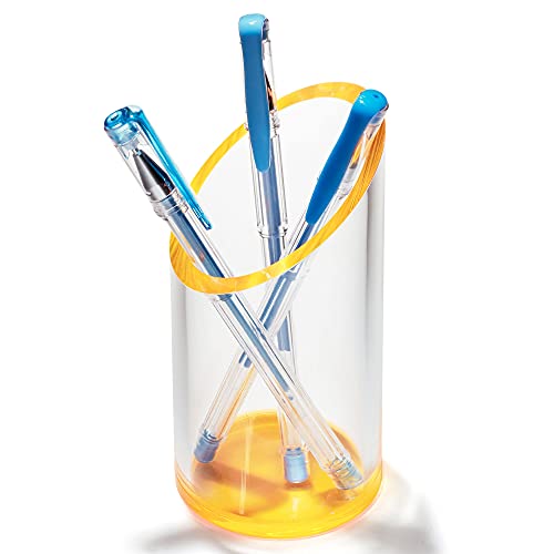 OfficeGoods Acrylic Pen & Pencil Holder - Modern Cylinder Design - Beautiful Desk Organizer for Home or Office - Contrasting Base & Rim - 5.25” H x 2.5” W - Neon Tangerine - Image 1