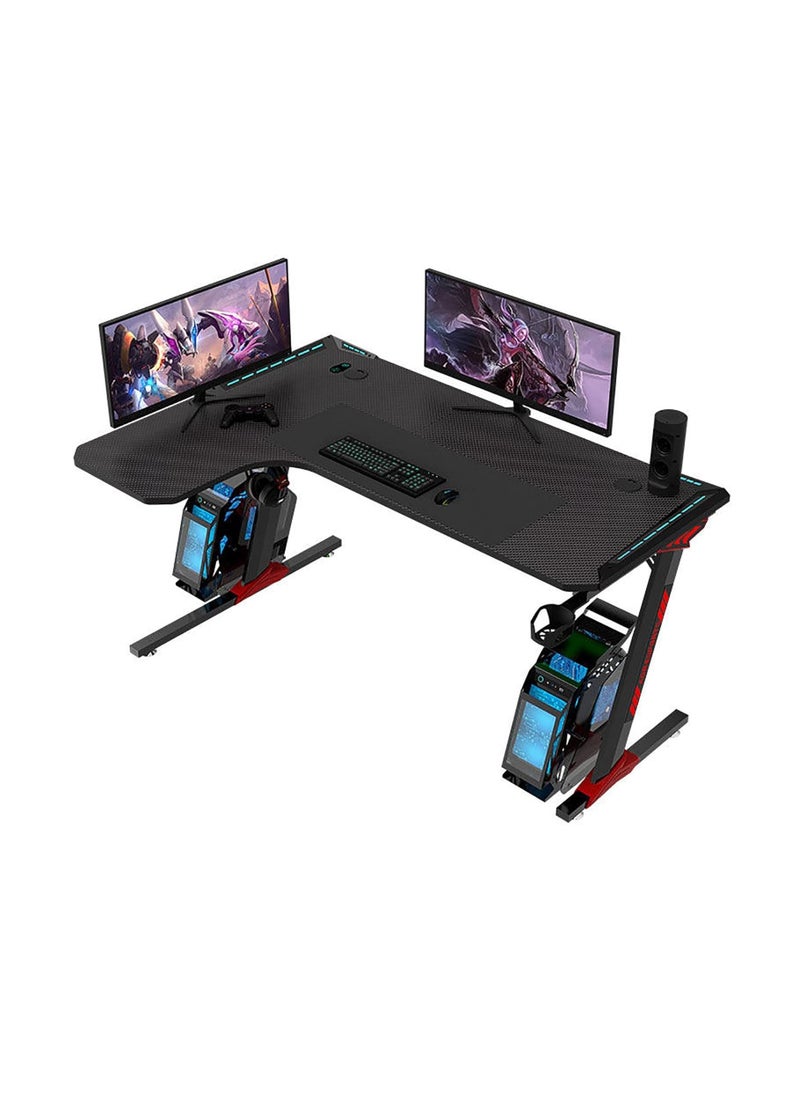 Organized Home Gaming Table with Carbon Fiber Computer Desk with LED Lights RGB Lighting with Headphone Hook Cup Holder Gamer Workstation  - Image 1
