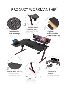 Organized Home Gaming Table with Carbon Fiber Computer Desk with LED Lights RGB Lighting with Headphone Hook Cup Holder Gamer Workstation  - Image 2