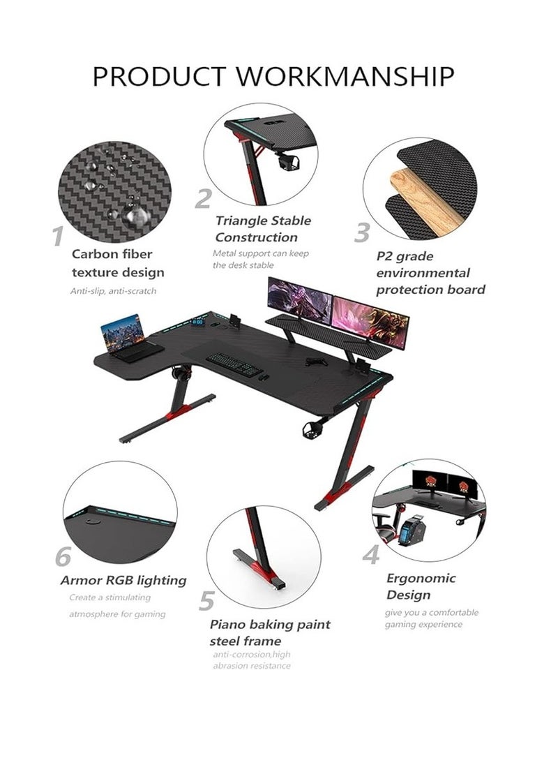 Organized Home Gaming Table with Carbon Fiber Computer Desk with LED Lights RGB Lighting with Headphone Hook Cup Holder Gamer Workstation  - Image 2