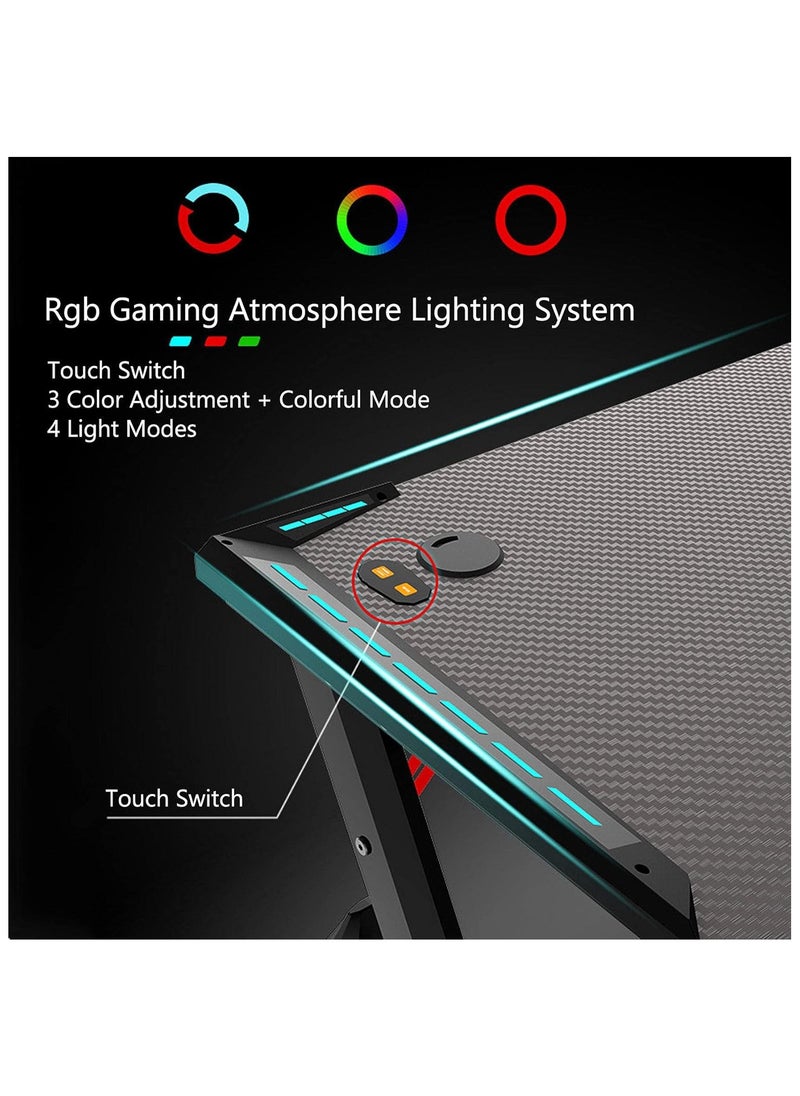 Organized Home Gaming Table with Carbon Fiber Computer Desk with LED Lights RGB Lighting with Headphone Hook Cup Holder Gamer Workstation  - Image 3