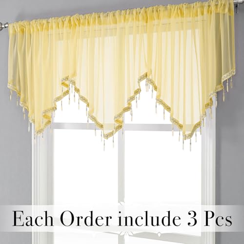 WUBODTI Yellow Sheer Valance Curtains for Living Room Windows Boho Crystal Beaded Tassel Triangle Kitchen Curtains Lace Swag Curtain Valance for Bedroom Bathroom Door Decor3PCs Each W51 x L24 - Image 3