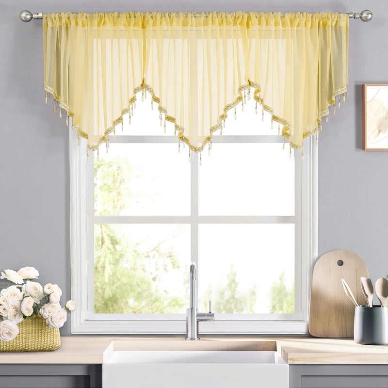 WUBODTI Yellow Sheer Valance Curtains for Living Room Windows Boho Crystal Beaded Tassel Triangle Kitchen Curtains Lace Swag Curtain Valance for Bedroom Bathroom Door Decor3PCs Each W51 x L24 - Image 2