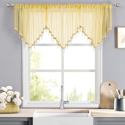 WUBODTI Yellow Sheer Valance Curtains for Living Room Windows Boho Crystal Beaded Tassel Triangle Kitchen Curtains Lace Swag Curtain Valance for Bedroom Bathroom Door Decor3PCs Each W51 x L24 - Image 1
