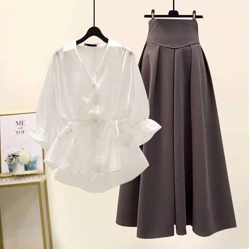 Summer 2024 Plus Size Slimming V-Neck Shirt and Skirt Set 9305 White 9358 brown Skirt