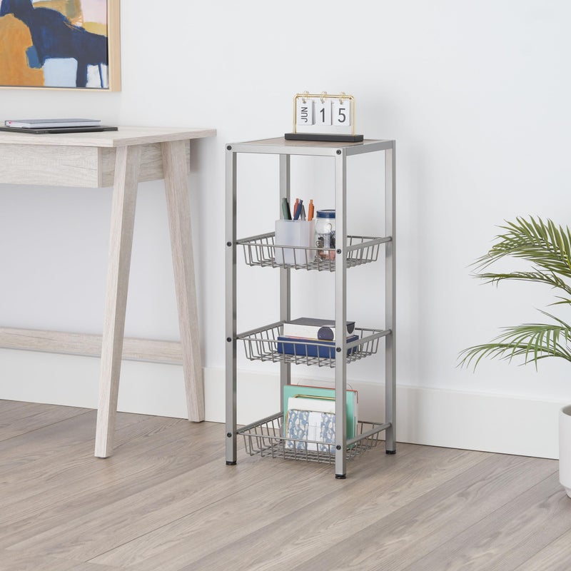 TRINITY 4-Tier Freestanding Metal Shelving Rack with Wire Baskets, Wood Top, and Adjustable Feet, 12"x12"x30", Champagne + Classic Gray Top - Image 2